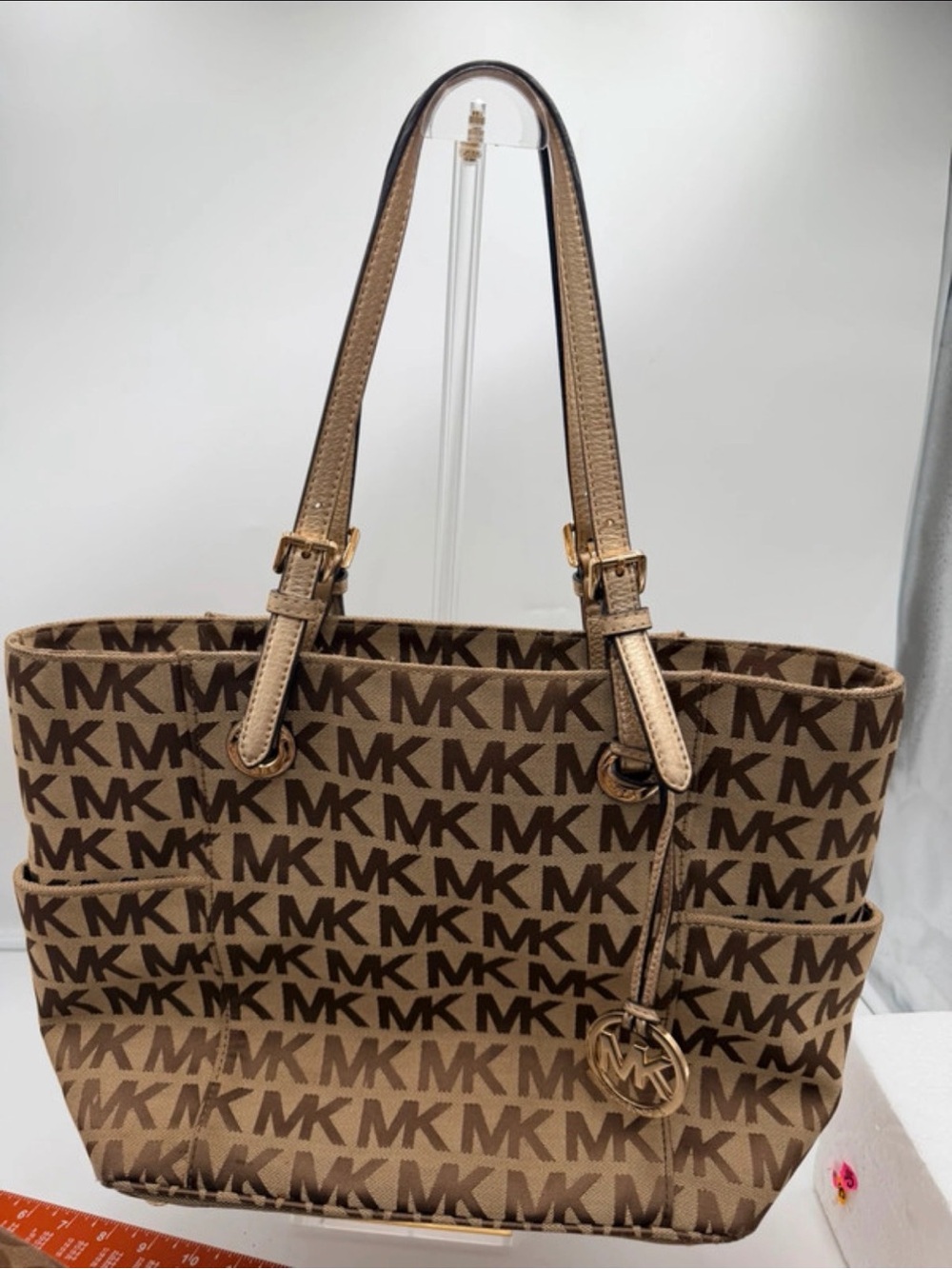 Michael Kors Brown Logo Tote Bag with Gold Accents small ink mark inside corner